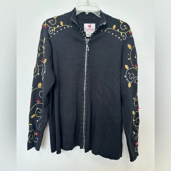 Quacker Factory Zip Up Embroidered Christmas Sweater Cardigan Medium - Picture 1 of 8